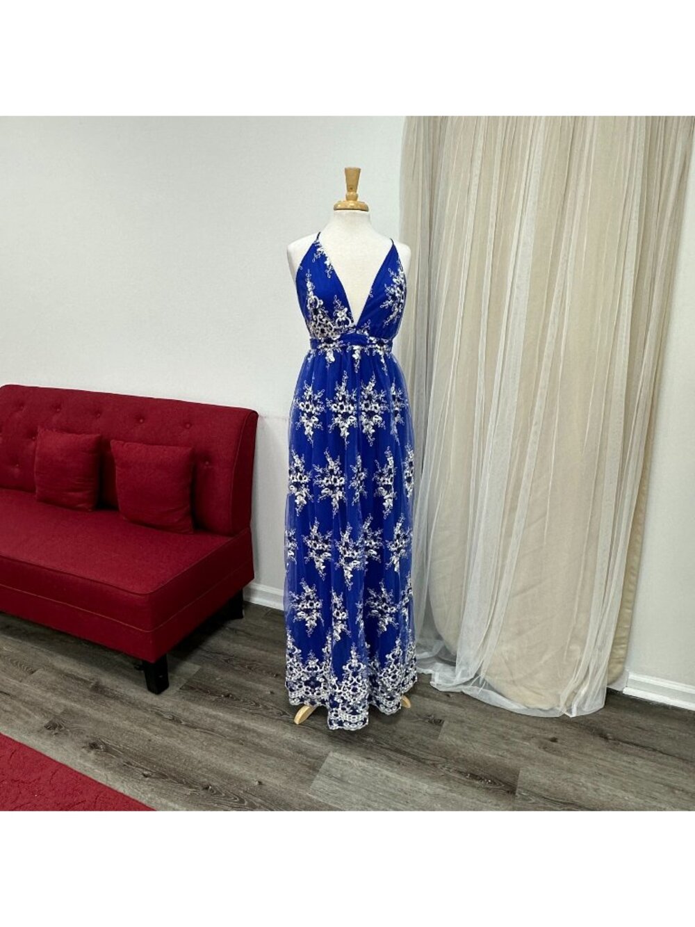 Large Blue White Floral Sundress Baby Shower Wedding Guest Dress